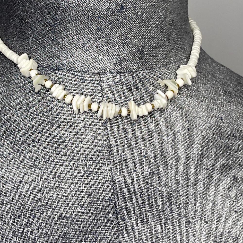 White puca puka shell DOLPHIN beaded necklace costume fashion jewelry beach